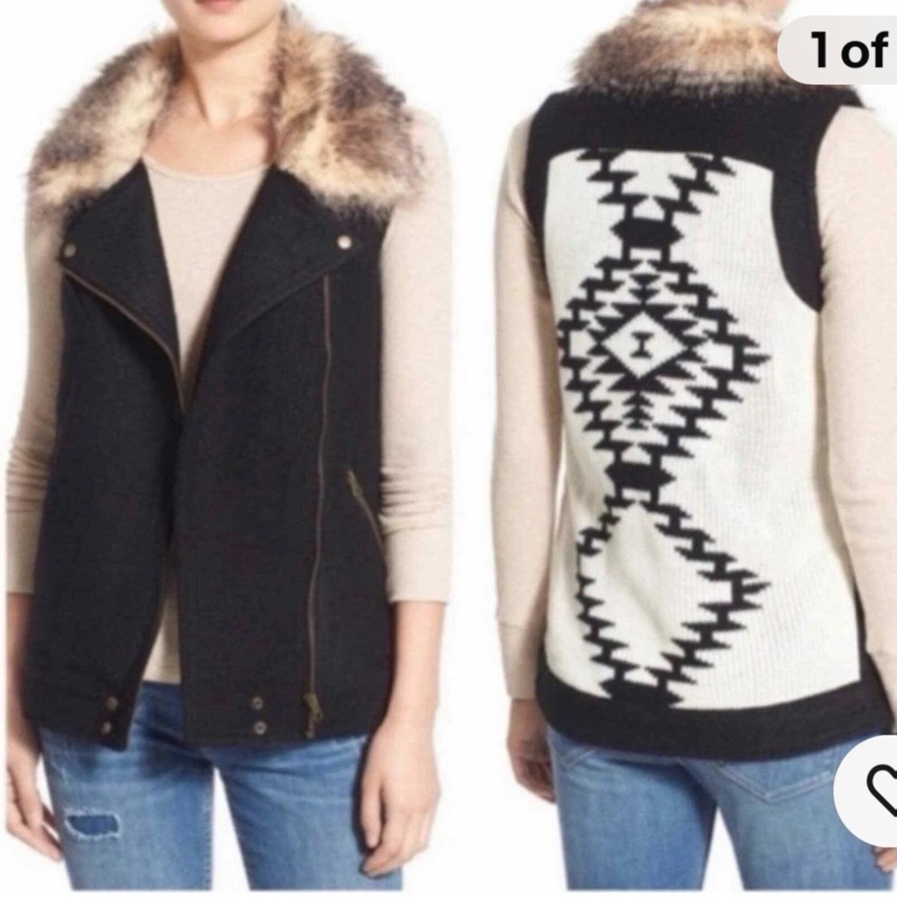 Thread & Supply Black and Cream Vest with Fur Collar